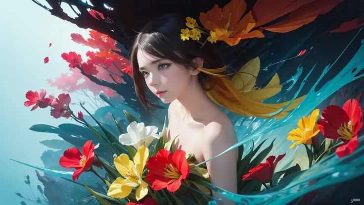 32k, Masterpiece, Highest quality, One girl, Detailed eyes, flower,gladiolus, Yellow and red style,A dreamy, romantic piece,Pale yellow, Mysterious Leaves,A playful arrangement,Fantasy,High Contrast,Ink strokes,explosion,Exposure, Impression of light blue ...