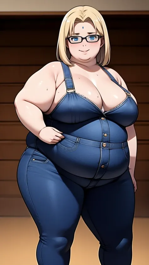 Anime Women, Lady、Detailed face、Forehead、Blonde、Center parted hair、Waist-length hair、Glasses、Winning spirit、Blue eyes、Are fat、Chubby、Voluptuous、obesity、Double chin、cheek、Fatty neck、Big Breasts、Saggy breasts、Thick upper arms、thick fingers、Fat belly、Flabby b...