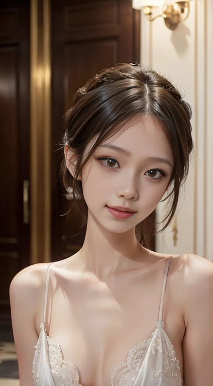 A scene from a movie、masterpiece、Best image quality:1.2、((Beautiful young slender woman))、Clear Skin:1.2、{smile}、(cute)、Luxury Hotel Hall、Depth of written boundary,((Realistic and beautiful face)),