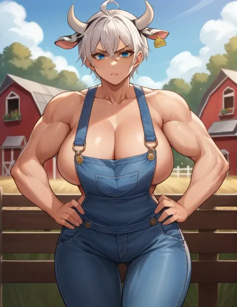 score_9, score_8_up, score_7_up, source_anime,
cowgirl, cow girl, ahoge, white hair, ice blue eyes, short hair, contempt look on face,
cleavage, collarbone, frills, overalls, suspenders ,large breasts, wide hips, milf,
outdoors, farm, cows, in a barn
looki...