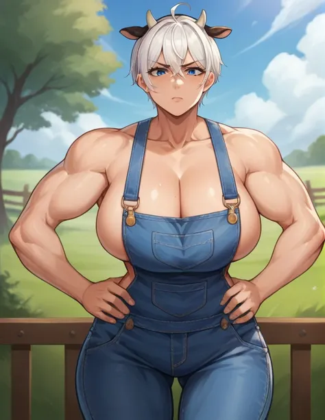 score_9, score_8_up, score_7_up, source_anime,
cowgirl, cow girl, ahoge, white hair, ice blue eyes, short hair, contempt look on face,
cleavage, collarbone, frills, overalls, suspenders ,large breasts, wide hips, milf,
outdoors, farm, cows, in a barn
looki...