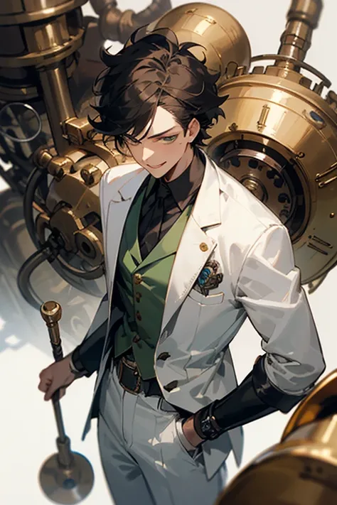 ((mejor calidad)), ((Obra maestra)), (detallado), masterpiece, best quality, 1 man, doctor suit, White and green clothes, medium hair, messy hair, steampunk, black hair, evil smile, background laboratory, 