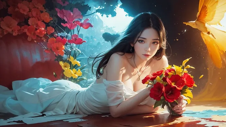 32k, Masterpiece, Highest quality, One girl, Detailed eyes, flower,gladiolus, Yellow and red style,A dreamy, romantic piece,Pale yellow, Mysterious Leaves,A playful arrangement,Fantasy,High Contrast,Ink strokes,explosion,Exposure, Impression of light blue ...