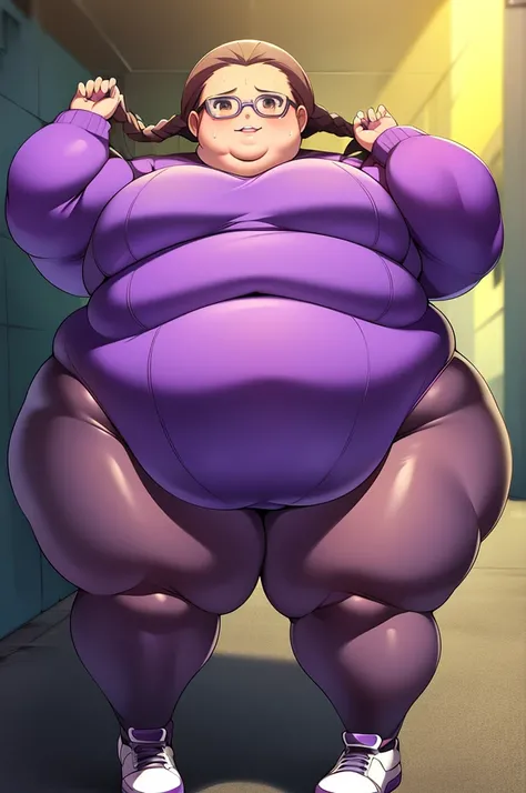 Anime Women, Lady、Forehead、Long braids、Afro、Glasses、Brown eyes、Are fat、Chubby、Sensual、obesity、Double chin、cheek、Fatty neck、Big Breasts、Saggy breasts、Thick upper arms、Fat belly、expensive、Dark purple unitard、Dark purple bodysuit、sneakers、Gloss、Sweat、Embarras...