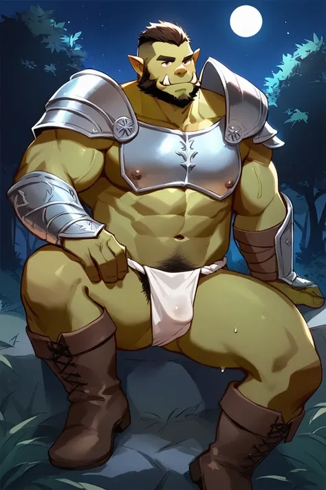 score_9, score_8_up, score_7_up, solo, male focus, mature male, orc, green skin, tusks, beard, outdoors, micro armor , shoulder armor, breastplate, upper body, closed mouth, pauldrons, night, night sky , boots , (micro fundoshi) , full body , black boots ,...