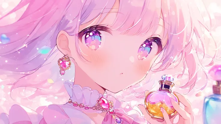 kawaii, close up of a luxury perfume bottle, pastel colors, dreamy, no humans