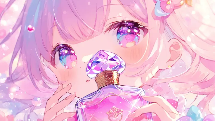 kawaii, close up of a luxury perfume bottle, pastel colors, dreamy, no humans