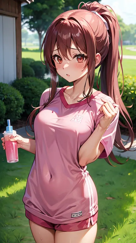 Asuna Yuuki with a sweaty ponytail is hydrating while wearing pink training wear