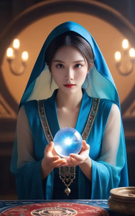 Overall body orientation: front. Female fortune teller. Charm, Beautiful and mysterious. She has a blue cape on her head、The face is clear。. The background is bright and sparkling. An atmosphere of anxiety and anticipation. The fortune teller is standing. ...