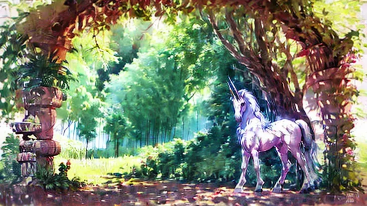 A winged unicorn in the forest，alchemy，