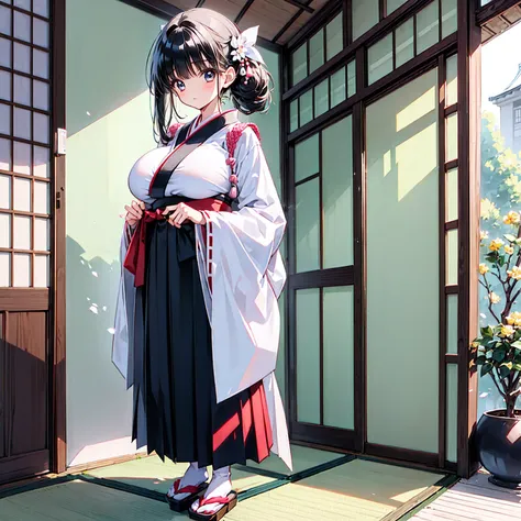 (1girl)(gigantic breasts)(ecstasy)(gigantic breasts)a girl with dark hair standing in front of a door and wardrobe, japanese clothes, 1girl, solo, black hair, hakama, skirt, blush, looking at viewer, white kimono, hakama skirt, bangs,big breasts, huge brea...