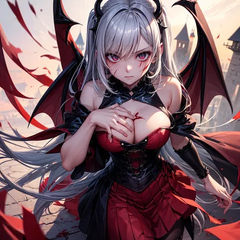 His chest was covered in blood、Anime girl with blood dripping from her chest, gapmoe Yandere grimdark, Devil anime girl, Shatia Bradfren, Bad guy anime 8k, Yandere intricate, portrait gapmoe Yandere grimdark, Vampire Girl, bloody + Concept Art, Yandere, An...