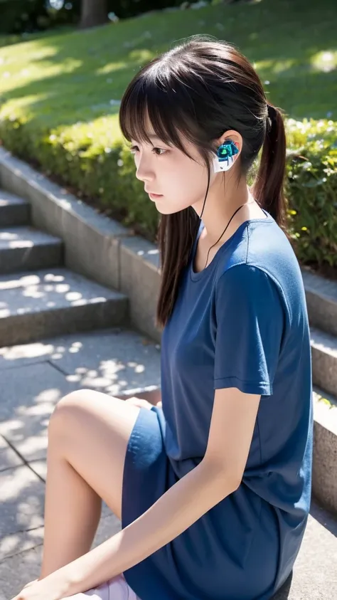 A Japanese girl in her 20s sitting on the stairs in the park listening to music with earphones, looking at the camera with a sad face, profile