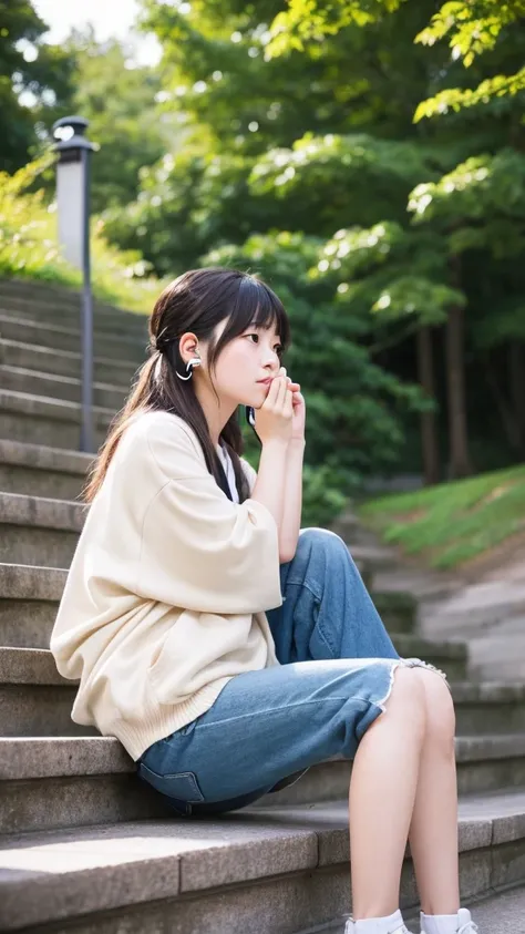 A Japanese girl in her 20s sitting on the stairs in the park listening to music with earphones, looking at the camera with a sad face, profile