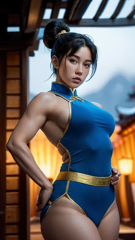 (((ultra realista))) foto, Obra maestra, Chun-Li, a powerful female martial artist from the Street Fighter series, stands confidently in a traditional Chinese courtyard with mountains in the background. She wears her iconic blue qipao with gold accents, wh...