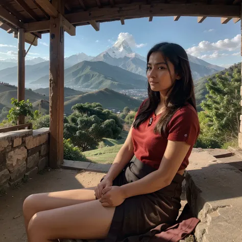 Arafed nepali woman sitting on a hill looking at the mountains