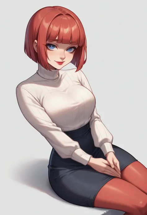 Generate hyper realistic image of a woman with short red hair styled in a bob cut with blunt bangs, looking at the viewer with blue eyes and a closed mouth. She is sitting with her head tilted slightly, her own hands together on her lap, wearing a white tu...