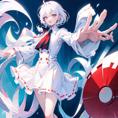 White hair, long, beautiful boy, cute, dress, androgynous, left eye white, right eye red, love, fleeting, solo, blue background