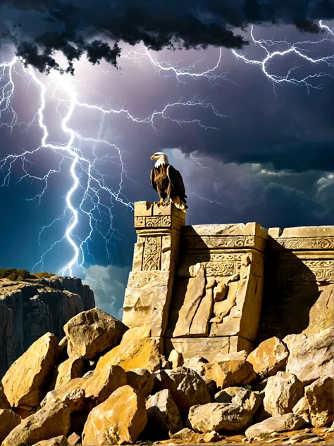 An ancient stone throne of power，Perched atop a towering cliff, The sky behind the throne indicates a coming storm，The wind swept violently over the cliffs，Push the loose rocks aside, An eagle, a symbol of power and majesty, soars above the throne., Lightn...