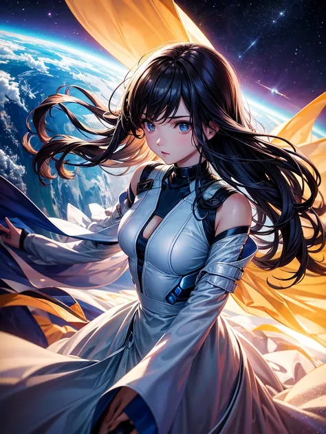 Highest quality,Highest Resolution,A beautiful android girl flying in space,Earth in the background,Equipped with cutting-edge technology,