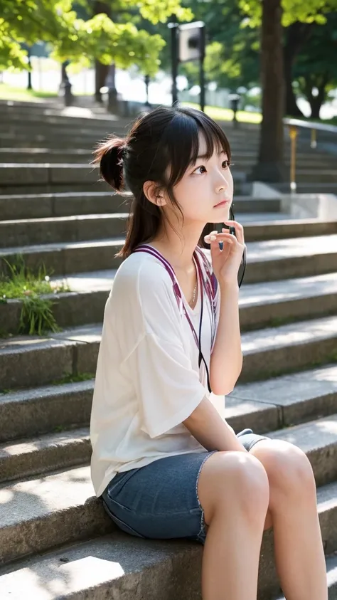 A Japanese girl in her 20s sitting on the stairs in the park listening to music with earphones, looking at the camera with a sad face, profile