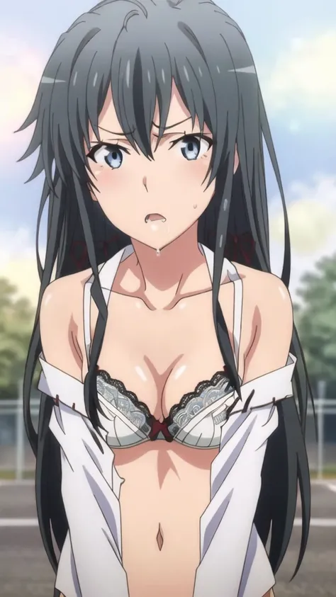 {Yukinoshita_yukino_yahariorenoseishunlovecomewamachigatteiru:1.15},black hair, blue_eyes, , 1 girl,,alone, hair between eyes,(torn clothes,White , white lace bra:1.5),strong facial expression,(sharp eye:1.2),(scowl:1.45),, bare shoulders,, cleavage,thighh...