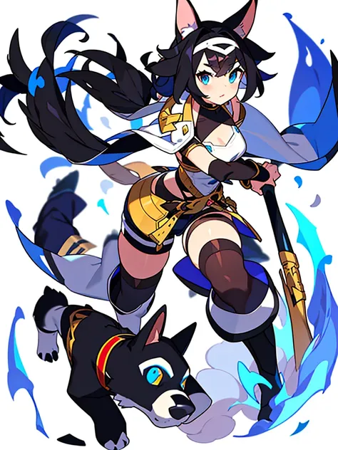 solo female, standing, (((blurry background, white background))), character focus, fantasy clothes, character design, shorts, holding weapon, black hair, bangs, dog ears, folded over dog ears, black curled tail, dog tail, blue eyes, canine iris