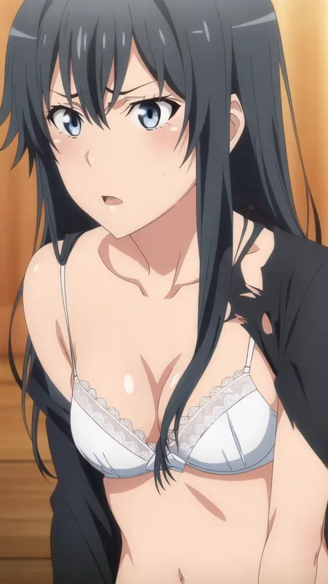 {Yukinoshita_yukino_yahariorenoseishunlovecomewamachigatteiru:1.15},black hair, blue_eyes, , 1 girl,,alone, hair between eyes,(torn clothes,White , white lace bra:1.5),strong facial expression,(sharp eye:1.2),(scowl:1.45),, bare shoulders,, cleavage,thighh...