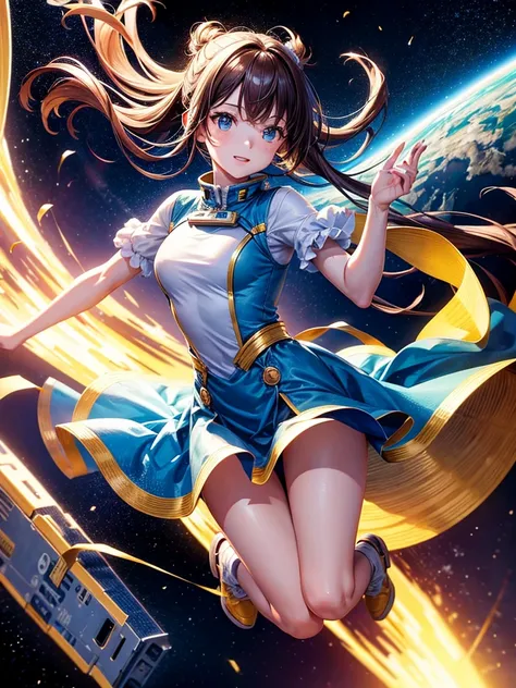 Highest quality,Highest Resolution,A beautiful android girl flying in space,Earth in the background,