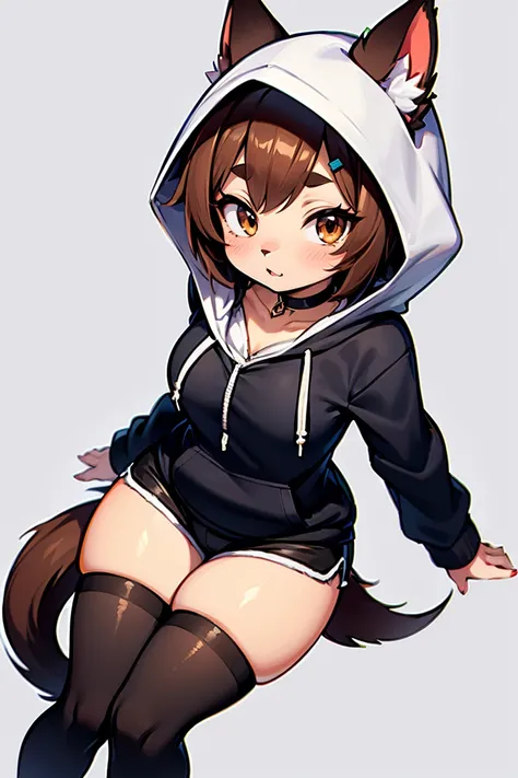 typh mimi, dog girl, latte color fur, short hair, choker, black sweatshirt, 2d, dolphin_shorts, hoodie, down hood, thighhighs, hood down, choker, 1girl, black choker, solo, shorts, brown hair, black hoodie, thick thighs, drawstring, brown eyes, eye liner, ...