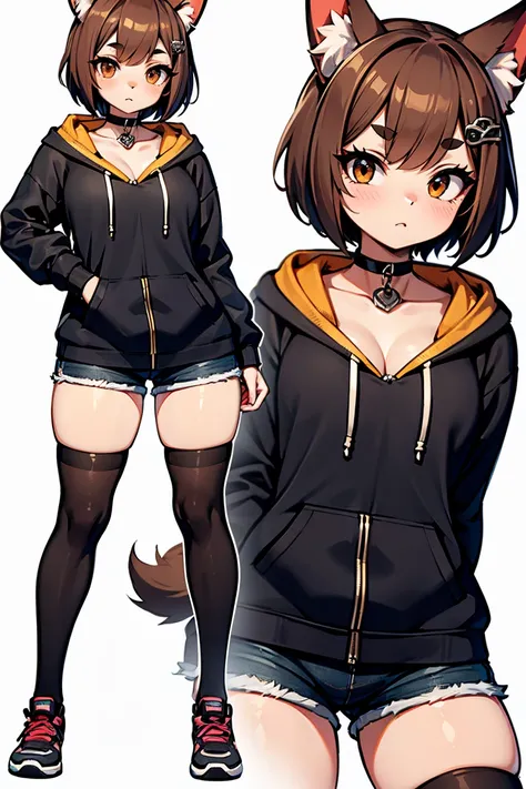 typh mimi, dog girl, latte color fur, short hair, choker, black sweatshirt, 2d, dolphin_shorts, hoodie, down hood, thighhighs, hood down, choker, 1girl, black choker, solo, shorts, brown hair, black hoodie, thick thighs, drawstring, brown eyes, eye liner, ...