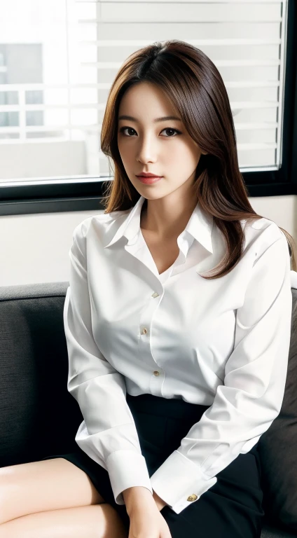 masterpiece, Highest quality, High resolution, A Japanese woman with a pure and sensual face,  Sitting on the sofa in the office, Wearing an office suit, Wearing a white shirt