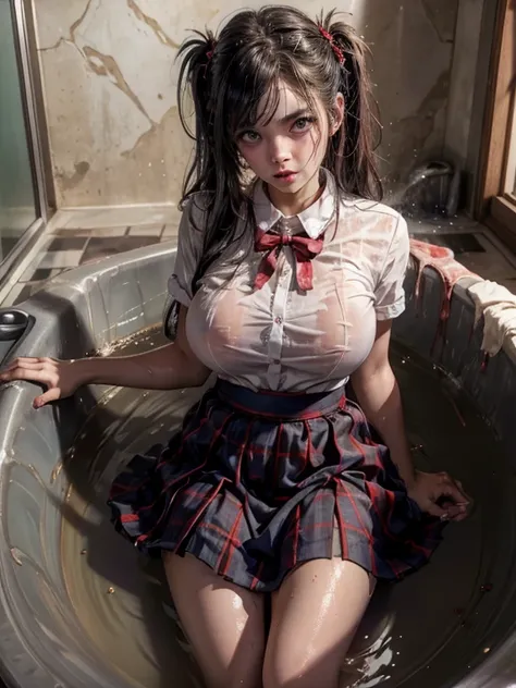 (masterpiece, best quality:1.2), zombie a girl in the bathtub, school girls , sad , looking at viewer, jk school girls outfit, tight shirt ,  wet clothes, soaked, wet hair, wet skin, translucent, glistening with oil ,  dishevelled , skirt dark red , plaid ...