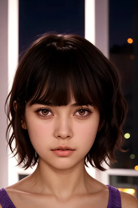 cinematic realistic portrait, front face, of a young girl, adolescent, (caucasiana), fly away, purple t-shirt, minimal style, Beautiful woman, ((short wavy hair with bangs)), ((honey eyes)), Pursed lips, night in an apartment, window to the city, neon ligh...