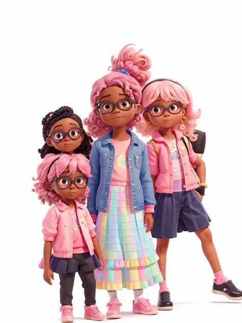 8 yr old black boy wearing kid nerd glasses, 6 year old black girl wearing cute jean jacket with pastel colored puffy ballerina tutu dress and matching pink hairbow, 5 year old black boy wearing pink shirt and navy blue shorts, ebony sibling, black toddler...