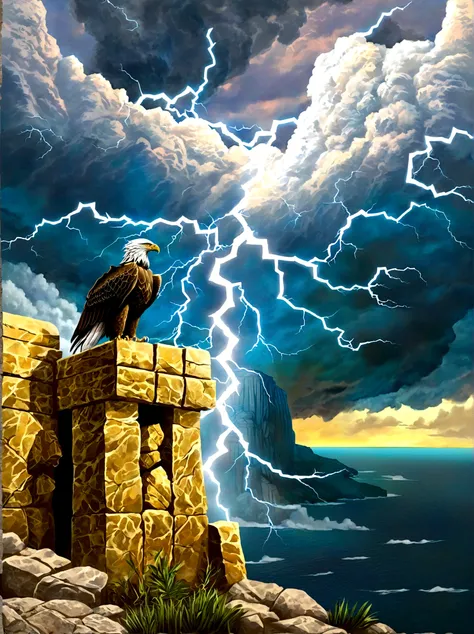 An ancient stone throne of power，Perched atop a towering cliff, The sky behind the throne indicates a coming storm，The wind swept violently over the cliffs，Push the loose rocks aside, An eagle, a symbol of power and majesty, stands on the throne，Spread you...