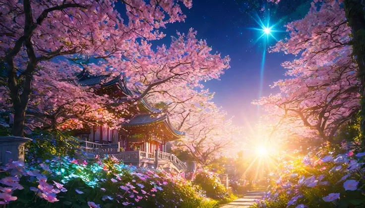 Portrait Photography、{{masterpiece}}, Highest quality, Highly detailed Unity 8k wallpaper, Cinema Lighting, Lens flare, Beautiful detailed wood々, Night Garden, colorful light, particle, Heterochromia iridis, (colorful:1.5), 