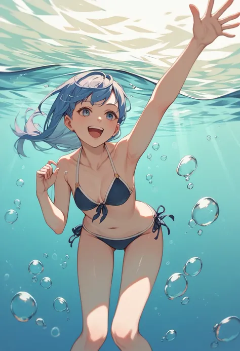 Highest quality, Very detailed, masterpiece, anime,Highest quality,Japanese High School Girl,One Girl,One Girl,Swimwear,bikini,Beach,Dynamic pose,open mouth,smile,Transparent haori,nsfw,Underwater shot, leaning forward,show of nipple