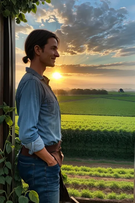 The farmer sits by the farmhouse, looking out at the field. The sun peeks through the clouds, revealing healthy crops growing in the field. The farmer smiles with relief and contentment