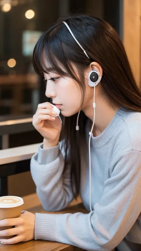 Cafe drinking coffee Japanese girl in her 20s listening to music with earphones looking at camera with sad face profile