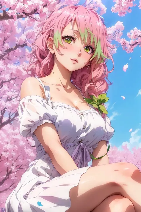 anime girl with pink hair and green eyes sitting on a tree branch, anime visual of a young woman, official art, anime visual of a cute girl, official artwork, todays featured anime still, mitsuri , the non-binary deity of spring, misato katsuragi, official...