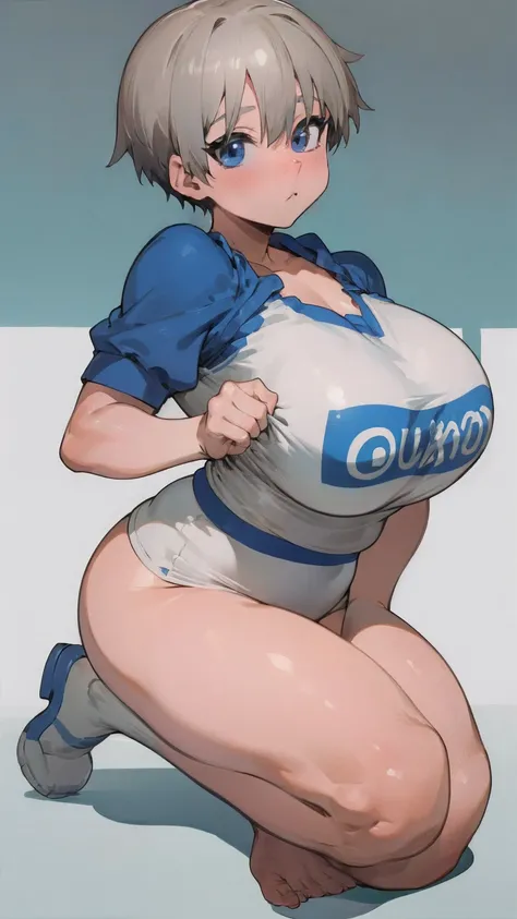 masterpiece, best quality, ultra-detailed, Potrait of beautiful , (chubby) (muscular), (plump), (sexly), (cleavage), ((tomboy)), (アニメ), (Breasts), (Plump), ((very short hair)), ((Uzaki Hana)), (overweight), (Gray Hair) (Wearing white clothes), ((Saggy brea...