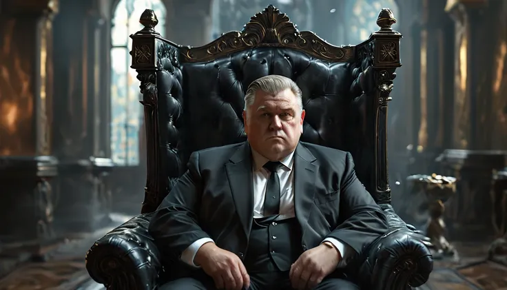 A plump middle-aged gentleman in a black suit sitting on a throne, 4k masterpiece, best quality, (highly detailed CG unity 8k wallpaper), (best quality), (best illustration), (best shadows), absurdly realistic lighting, (abyss), beautiful glow, art by Pete...