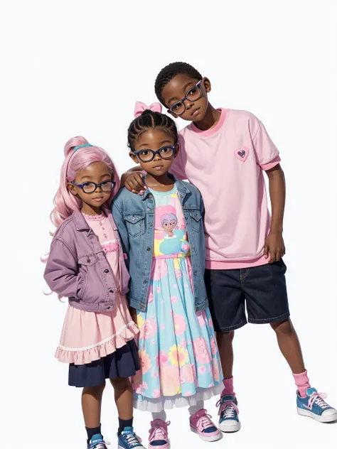 8 yr old black boy wearing kid nerd glasses, 6 year old black girl wearing cute jean jacket with pastel colored puffy ballerina tutu dress and matching pink hairbow, 5 year old black boy wearing pink shirt and navy blue shorts, ebony sibling, black toddler...