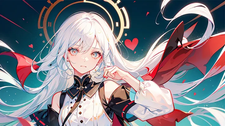 White hair, long, beautiful boy, cute, dress, androgynous, left eye white, right eye red, love, fleeting, unrequited love, solo　White background