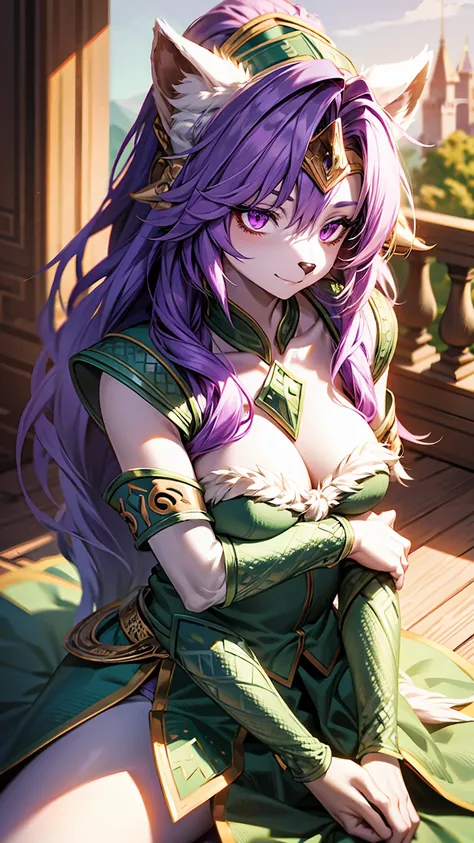 Sierra, (White corner:1.1), Furry female anthropomorphism, Wolf Girl,Unicorn Headpiece, Purple Hair, Long Hair, Portraiture, close, Purple eyes, (Green armor:1.2), Fur trim, alone, (Body hair:1.2), (Highest quality), (detailed castle background:1.2), Drama...