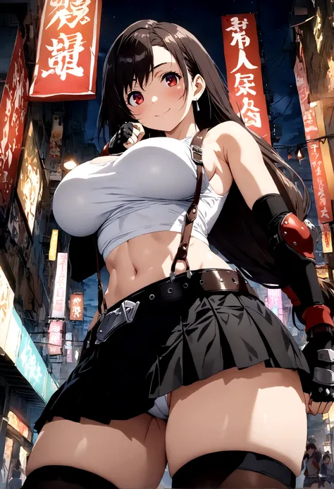 score_9, score_8_up, score_7_up,4k, ,BREAK , from below,from front,breast angle view,breast focus:1.5,standing,straight-on,(arm up,fist),(pantiesshot),(medium shot),looking_at_viewer ,1girl, tifa lockhart, final fantasy, tareme,black hair, low-tied long ha...