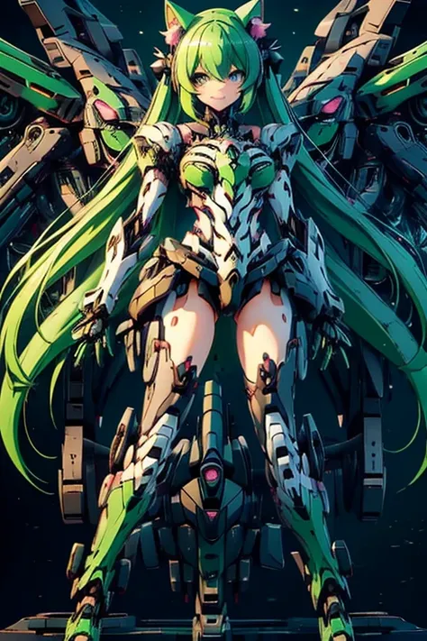 anime figure, figma,(detailed eyes))
1girl,((cat ears)),cat tail, ((long straight green hair:1.3)),big expressive neon green eyes,,expressive eyes,(((smile,blush wink))),(((full body:1.4))), ((mechanical full body suite, mecha)), feather robot wings,black ...