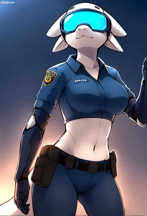 top quality, best quality, by bahnbahn, High-quality illustrations, masterpiece, shading, light)(kemono, furry anthro, alone), round, 1 female, Mecha Dragon, blue visor, blue glow, cybernetic body, android body, slim body, big breasts, perfect eyes, police...