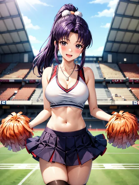 Masterpiece ,best quality , high resolution , ultra detail , colorful , soft light , mild light , sunlight , shinny , (perfect fingers , Detailed fingers, perfect hands) , (1 girl solo:1.38) , (Misato katsuragi) , (black eyes, ponytail , purple hair, mediu...